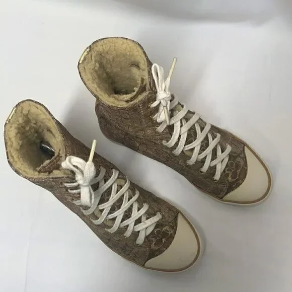 Coach Bonney Shearling Women’s Hi Top Sneakers-Metallic Rose Gold/Silver Sz 6.5 - Picture 4 of 11